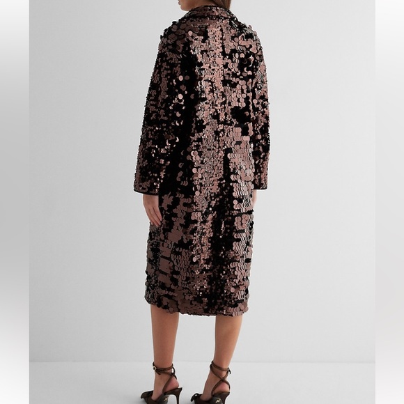 Express NWT Sequin One Button Trench Coat Bronze Brown Size Small - Picture 3 of 10